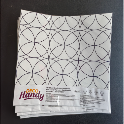 DecoHandy Pvc Yer Karosu 30x30cm 4'lü Paket - Siyah Daire Geometrik Desen 0,36m2