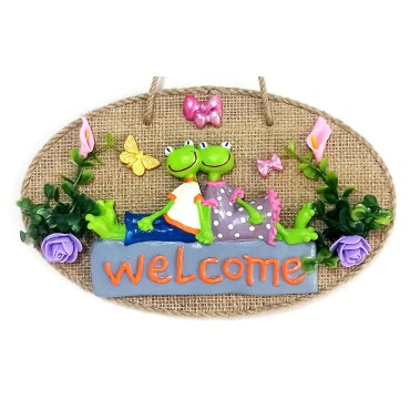 Yeşil Sevimli Kurbağa Çift Welcome Yazılı Kelebekli Kapı Süsü