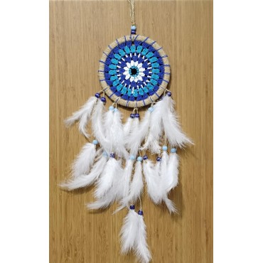 Nazar Boncuğu Desenli Dream Catcher El Yapımı Kuş Tüylü Rüya Kapanı Duvar Süsü