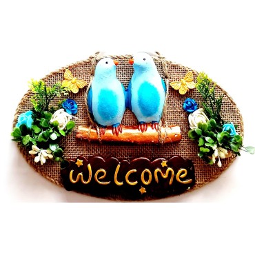Mavi Kuşlu Çiçekli Welcome Yazılı Kapı Süsü