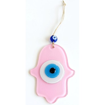 Nazar Boncuklu Pembe Renk Fatma Ana Bereket Eli Cam Duvar Süsü