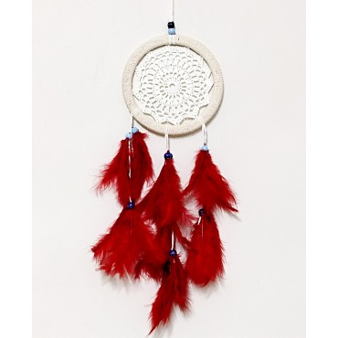 Kırmızı Kuş Tüylü Dream Catcher El Yapımı Düş Kapanı Duvar Süsü