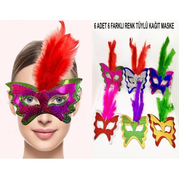 Tüylü Kağıt Karnaval Maskesi (6'lı Set)