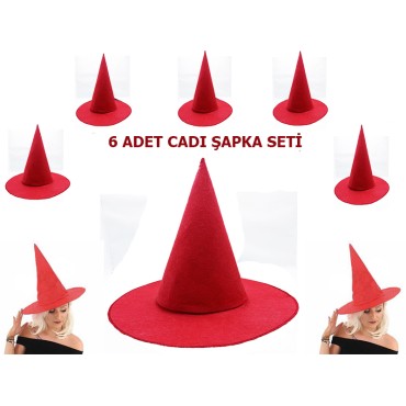 Kırmızı Renk Keçe Cadı Şapkası Yetişkin Çocuk Uyumlu 6 Adet