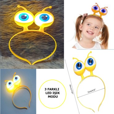Led Işıklı & Pilli 3 Farklı Modda Yanan Uzaylı Göz Parti Tacı Sarı Renk 18x12 cm