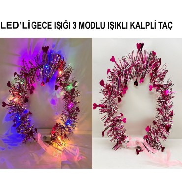 Kalp Püsküllü Gece Parıltısı 3 Modlu LED'li Işıklı Taç Fuşya Renk