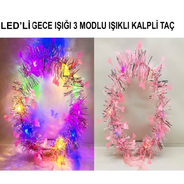Kalp Püsküllü Gece Parıltısı 3 Modlu LED'li Işıklı Taç Pembe Renk