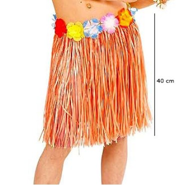 Yetişkin ve Çocuk Uyumlu Turuncu Renk Püsküllü Hawaii Luau Hula Etek 40 cm