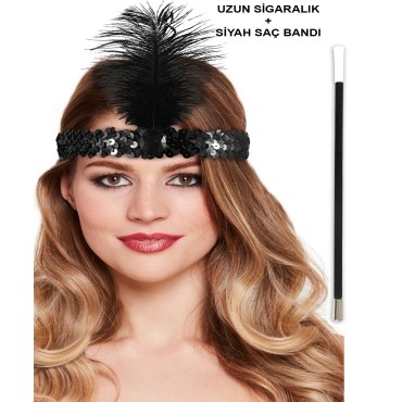 1920'ler Gatsby Aksesuar Seti – Siyah Charleston Saç Bandı & Sigaralık