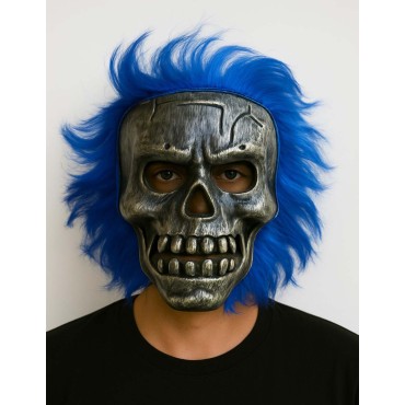 Wild Skull - Gümüş Kafatası Mavi Saçlı İskelet Maske