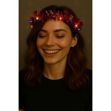 Kalp Püsküllü 3 Modlu LED Işıklı Taç Kırmızı Renk